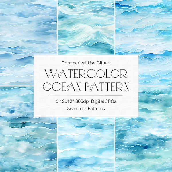 Watercolor ocean seamless pattern, Digital paper clipart, Seamless tiles, Scrapbooking paper, Blue water pattern, Beach theme, Coastal decor