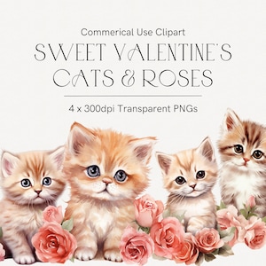 Clipart de gatos do Dia dos Namorados, clipart romântico de gatinhos e rosas, gatos vintage, clipart de cartão de dia dos namorados, png transparente, rosas cor de rosa