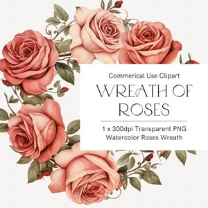 Coroa floral de rosas vermelhas em aquarela, cartão de dia dos namorados DIY, guirlandas em aquarela, ilustração de rosa vintage, clipart romântico, flores vermelhas