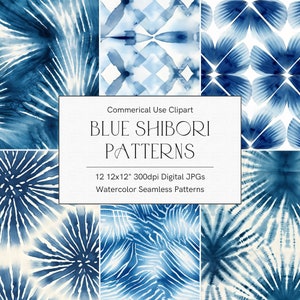 Puede incluir: Una colección de patrones Shibori azules y blancos en acuarela. Los patrones incluyen varios diseños, como formas geométricas y motivos florales abstractos. El texto de la imagen dice "BLUE SHIBORI PATTERNS" y "12 12x12" 300dpi Digital JPGs Watercolor Seamless Patterns."