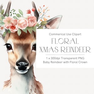 Aquarell Rentier Clipart, Weihnachten Waldtier, Blumenkrone, DIY Weihnachtskarten Clipart, niedlicher Baby Rentierkopf, Boho Weihnachten