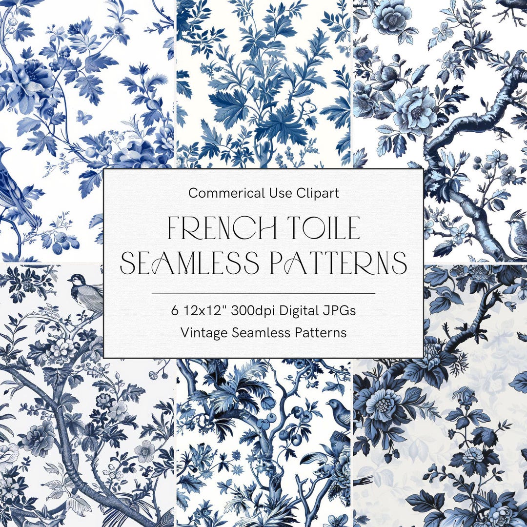 Vintage French Blue Floral Toile De Jouy Digital Paper, Seamless ...