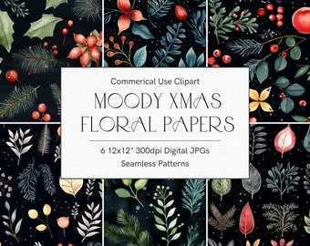 Patrón navideño sin costuras, patrón de acuarela, papel digital navideño, imágenes prediseñadas navideñas, flores navideñas botánicas, verde azulado oscuro y cambiante