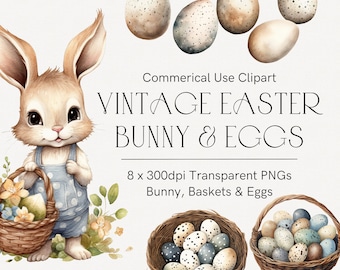 Vintage Easter bunny clipart, Watercolor easter egg basket, Easter decoration png, Easter invitation, Cute whimsical Easter bunny rabbit