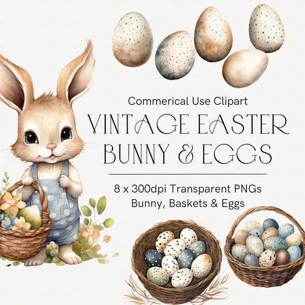 Vintage Easter bunny clipart, Watercolor easter egg basket, Easter decoration png, Easter invitation, Cute whimsical Easter bunny rabbit