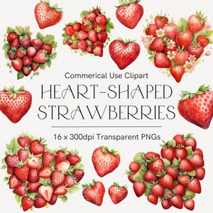 Clipart de coração de morangos, clipart de Dia dos Namorados, clipart de sobremesa, clipart de frutas em formato de coração, clipart de dia dos namorados em aquarela, clipart de amor