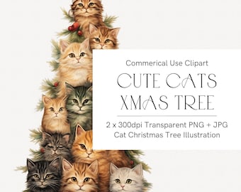 Christmas cats clipart, Christmas tree png, Christmas printables, Cat illustration, Cat Christmas tree, Cat clipart, Watercolor Christmas