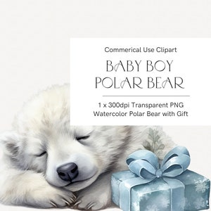 Clipart de urso polar de bebê com presente azul, clipart de Natal em aquarela, menino, clipart de convite, chá de bebê de inverno, cartões de Natal