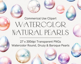 Watercolor pearls clipart, Pearl clipart bundle, Jewelry clipart, Luxury pearls, Baroque pearls, Gemstones, Transparent PNG, Rainbow pearls