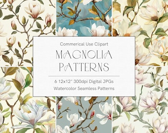 May include: Six seamless digital watercolor patterns featuring white magnolia flowers on various backgrounds. The patterns are 12x12 inches and 300dpi. The text "Commercial Use Clipart Magnolia Patterns" is displayed on a white background.