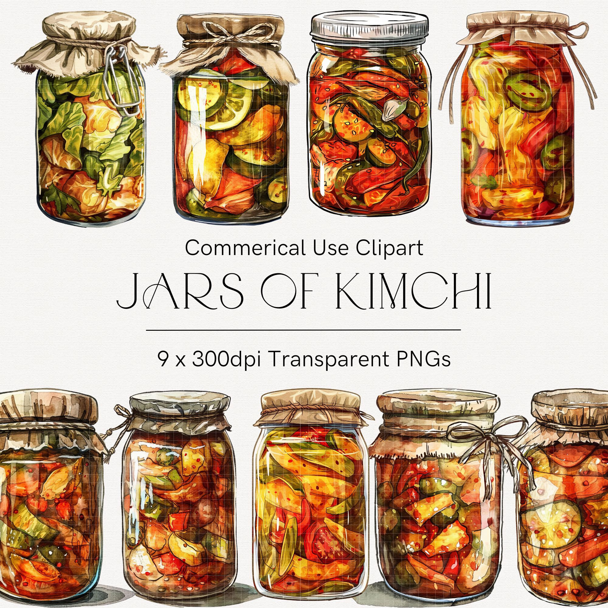 Kimchi clipart, Korean food clipart, Fermented jar of Korean kimchi, Watercolor kimchi, Asian menu clipart, Recipe card, Vintage kitchen 252