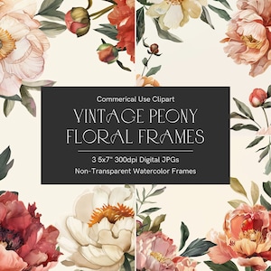 Peony border clipart, 5x7 digital paper, Vintage peony border, Watercolor peonies, Wedding invitation background, Floral border, Peony frame