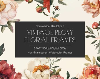 Peony border clipart, 5x7 digital paper, Vintage peony border, Watercolor peonies, Wedding invitation background, Floral border, Peony frame