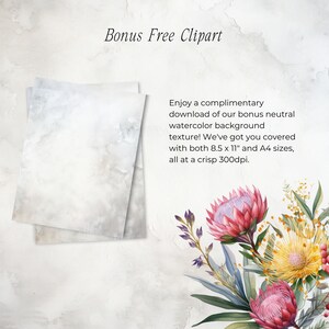 May include: Two sheets of white watercolor paper with a subtle gray texture. The paper is stacked on top of each other. The background is a light gray with a subtle texture. The text "Bonus Free Clipart" is at the top of the image. The text below the paper reads "Enjoy a complimentary download of our bonus neutral watercolor background texture! We've got you covered with both 8.5 x 11" and A4 sizes, all at a crisp 300dpi."