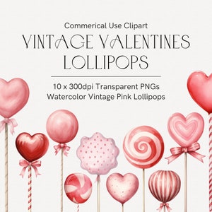 Clipart de pirulito, clipart de cartão de dia dos namorados, ilustração de doces vintage, clipart romântico, pirulitos em aquarela, doces nostálgicos, PNG