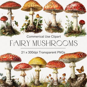 Clipart champignon féerique, clipart forêt, clipart Woodland, champignon vénéneux, champignon aquarelle, clipart papillons, clipart jardin féerique