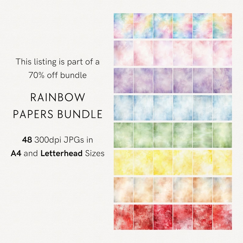 Puede incluir: Una colecci&oacute;n de dise&ntilde;os de papel de acuarela en colores del arco&iacute;ris. La imagen muestra una variedad de cuadrados de papel texturizados y coloridos, incluyendo tonos de azul, rosa, morado, verde, amarillo y rojo. El texto indica un paquete de 48 JPG en tama&ntilde;os A4 y Letterhead.
