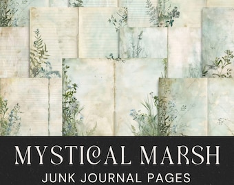 Junk Journal Swamp, Watercolor Vintage Junk Journal Digital Kit, Blue Shabby Chic Florals, Bayou River Background Paper, Marsh Plants 389