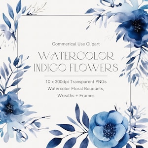 Clipart de flores azuis índigo, flor aquarela, buquê de casamento, flores de inverno, buquê de flores, coroa de flores png, arte de guirlanda floral azul
