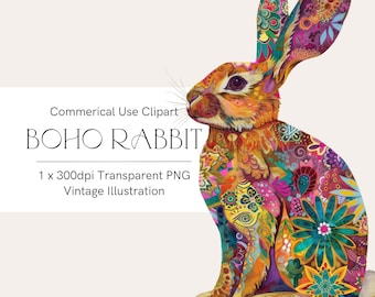 Easter rabbit png, Boho bunny clipart, Rainbow rabbit clipart, Rainbow Easter clipart, Easter bunny, Patterned rabbit, Decorative rabbit