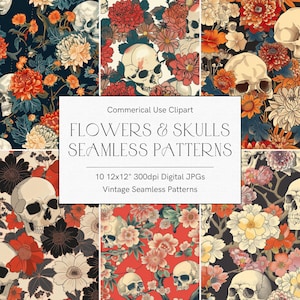 Puede incluir: Diez patrones digitales sin costuras que presentan calaveras y flores de estilo vintage en varios colores, incluidos rojo, naranja, amarillo, blanco y negro. Los patrones son de 30,48 cm por 30,48 cm y 300 ppp.