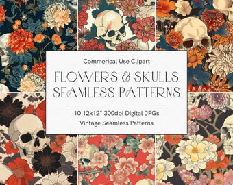 Skulls and Flowers Repeat Pattern, Boho Halloween Seamless Pattern, Floral Gothic Patterns, Scrapbook Paper, Japanese Style, Cute Skulls 391