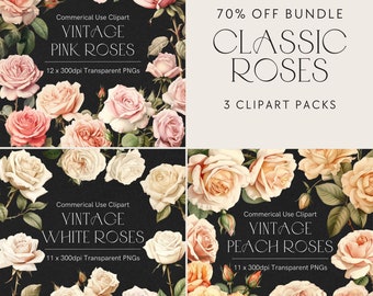 Rose clipart bundle, Watercolor pink rose bundle, Flower clipart, Classic roses digital downloads, Wedding clipart, Vintage roses png 327