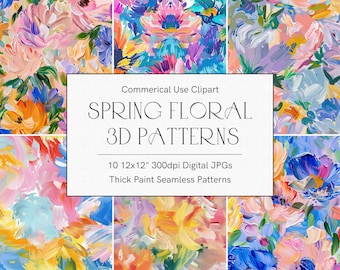 May include: Ten digital seamless patterns featuring colorful, abstract floral designs in a thick paint style. The patterns are 12 inches by 12 inches and 300 dpi.