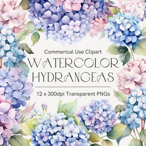 Hortensien Clipart, Botanische Kunst, Hortensien Clipart, Aquarell blaue Blumen, sofortiger Download, kommerzielle Nutzung