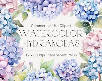 Blue and pink hydrangea clipart, Botanical art, Hydrangeas clipart bundle, Watercolor blue flowers, Instant download, Commercial use
