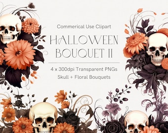 Halloween clipart, Halloween flowers clipart, Flowers and skulls clipart, Goth clipart, Transparent png, Orange flowers, Tattoo floral art