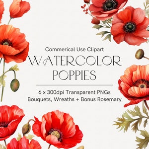 Aquarelle fleurs de pavot clipart, clipart Anzac Day, coquelicots aquarelle, fleurs de pavot, paix, clipart fleur, clipart floral, rouge vif