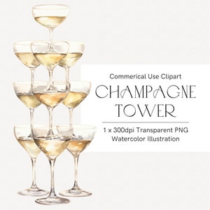 Clipart tour de champagne de mariage, clipart mariage champagne aquarelle, fête de la Saint-Sylvestre, verres à champagne, clipart faire-part de mariage