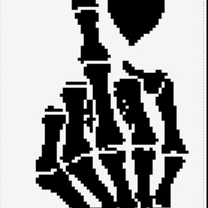 Puede incluir: Imagen de arte de píxeles en blanco y negro de una mano de esqueleto haciendo un pulgar hacia arriba con un corazón negro arriba.