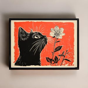 黒猫のリノカットアートプリント - ヴィンテージスタイルの猫が花を嗅いでいる - 猫好きのためのレトロな植物の壁アート