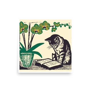 Cat Reading Book Print Wall Art Home Decor