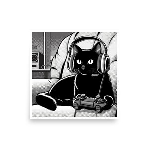 ヘッドフォンをつけたゲーマーの黒猫のポスタープリント