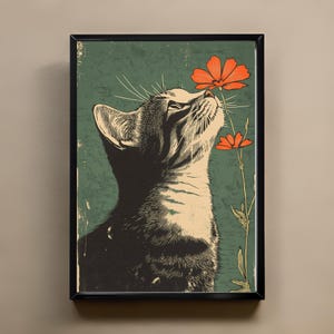 Cyperse kat en oranje bloem linosnede kunstafdruk | Vintage botanische kat poster muurkunst voor woondecoratie 5 x 7, 12 x 18, 20 x 30, 24 x 36
