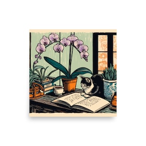 Impressão de gato de livro de orquídea