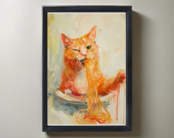 Cat Eating Spaghetti Poster Print Wall Art Decor