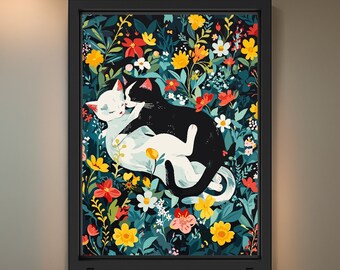 Loving Cats In Field Of Flowers Poster Print