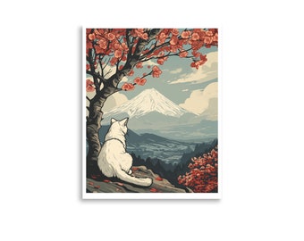 Cat Japanese Woodblock Mount Fuji Cherry Blossom Poster Print