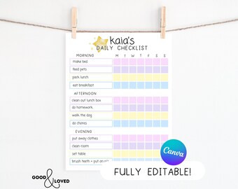 May include: A printable daily checklist for kids with a yellow star and the name "Kaia's" at the top. The checklist is divided into three sections: Morning, Afternoon, and Evening. Each section has a list of tasks with boxes to check off. The checklist is fully editable.