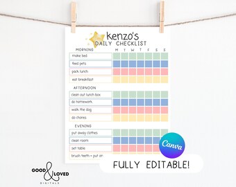 Puede incluir: Una lista de verificación diaria imprimible para niños con una estrella amarilla y el nombre "Kenzo's" en la parte superior. La lista de verificación se divide en tres secciones: Mañana, Tarde y Noche. Cada sección tiene una lista de tareas con casillas para marcar para cada día de la semana. La lista de verificación es totalmente editable.