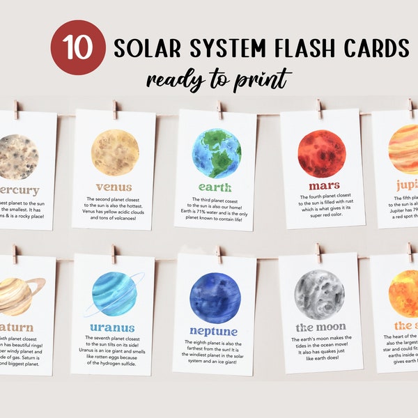 10 schede flash del sistema solare/schede flash spaziali/stampabili per la scuola domestica/materiali Montessori