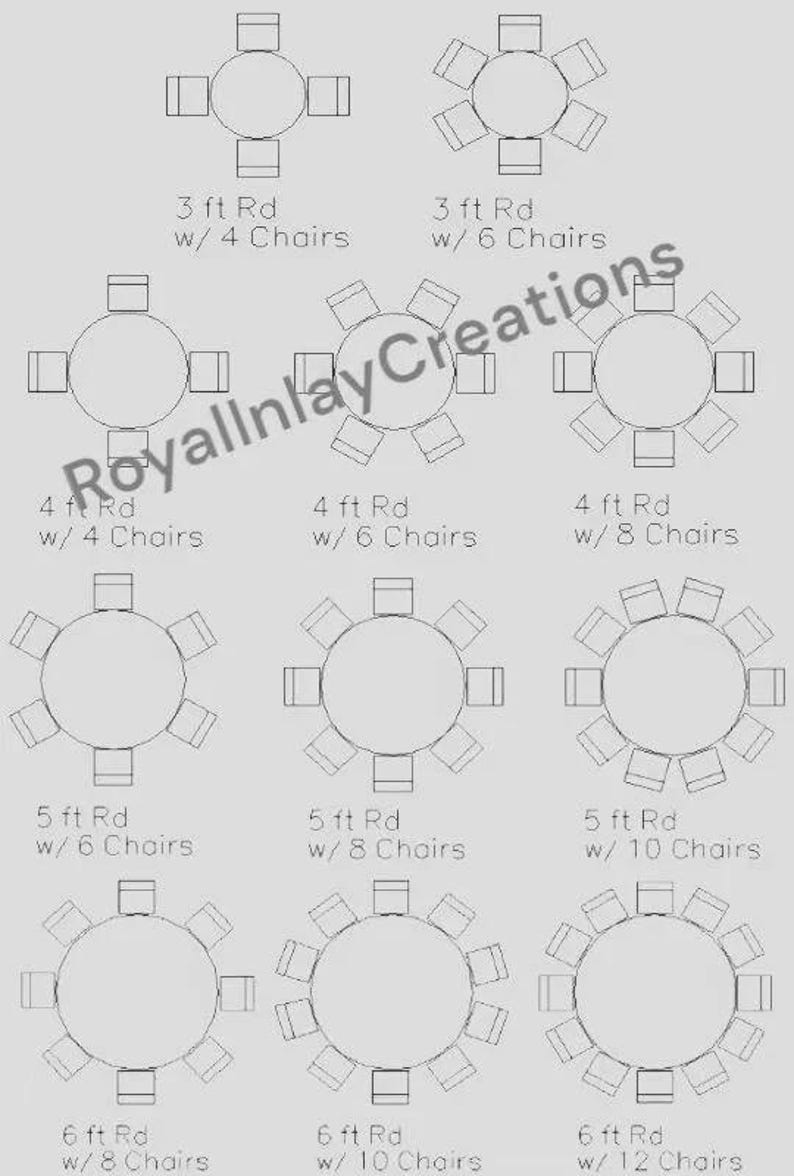 May include: Diagram of round tables with varying numbers of chairs. Sizes range from 3 ft to 6 ft in diameter, with seating for 4 to 12 people. Text includes table dimensions and chair counts.