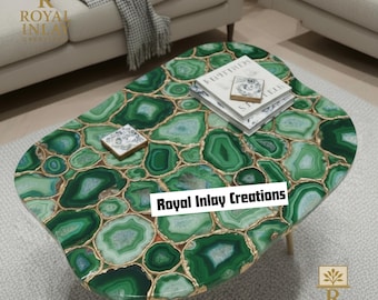 Green Agate Stone Coffee Table Top | Natural Gemstone Inlaid Dining Table