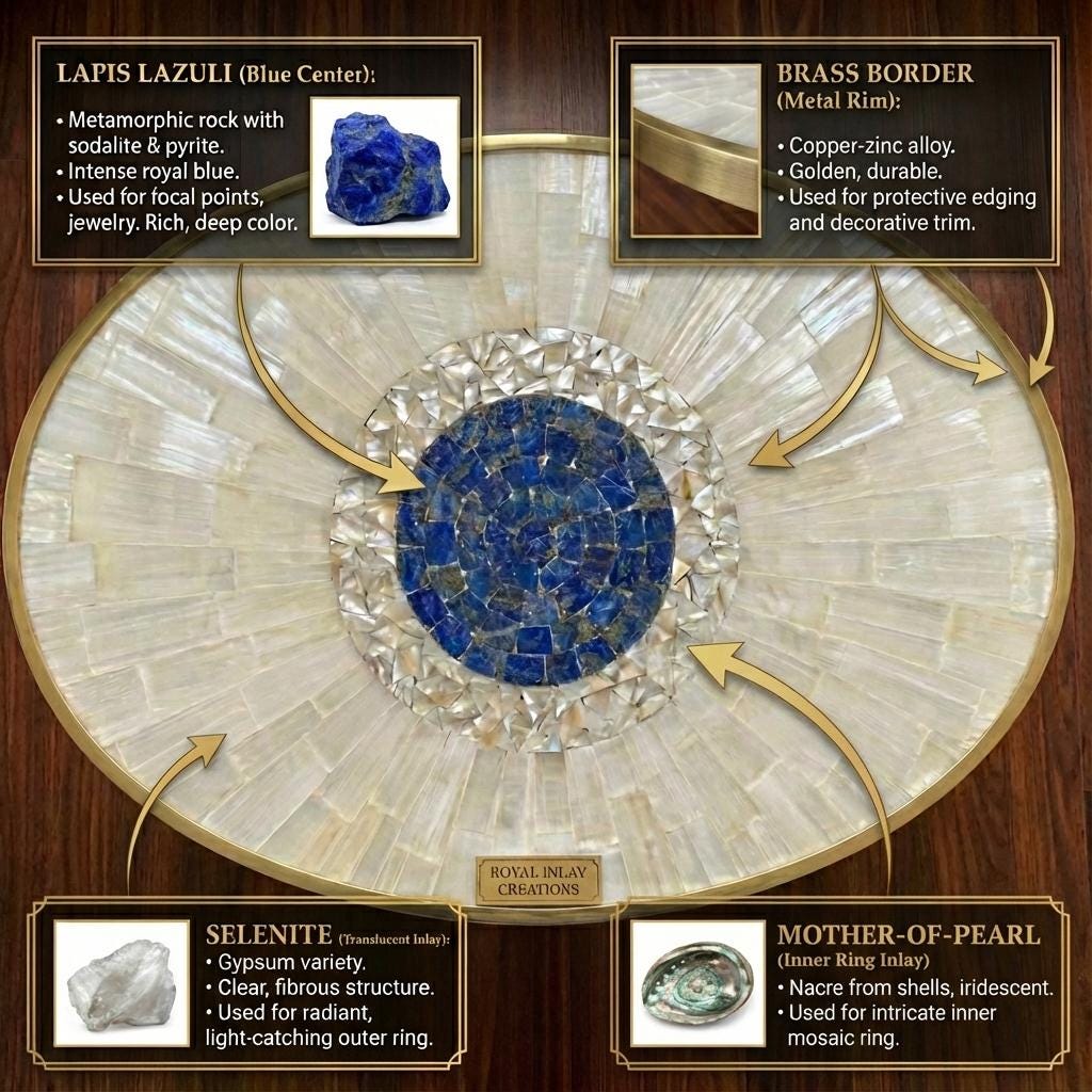 Oval Selenite Tabletop With Lapis Lazuli Inlay | Luxury Brass Rim ...