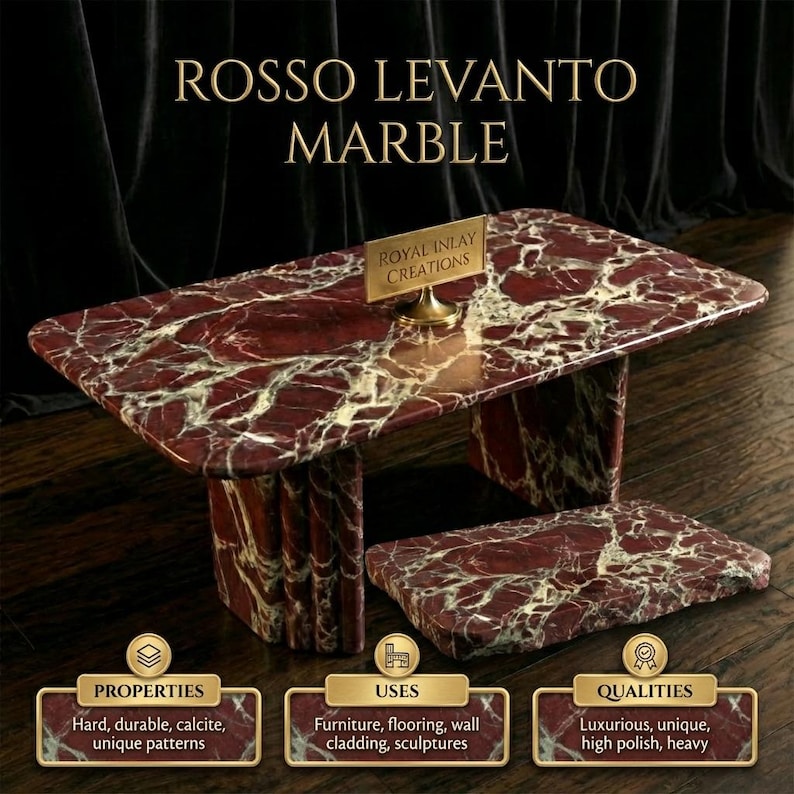 May include: A Rosso Levanto marble table with a rectangular top and two supporting columns. The marble has a deep red color with white veining. The text "ROSSO LEVANTO MARBLE" is at the top of the image.