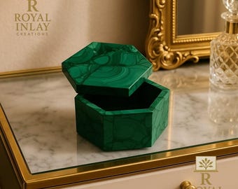 手作りマラカイトジュエリーボックス、宝石インレイ、パーソナライズ